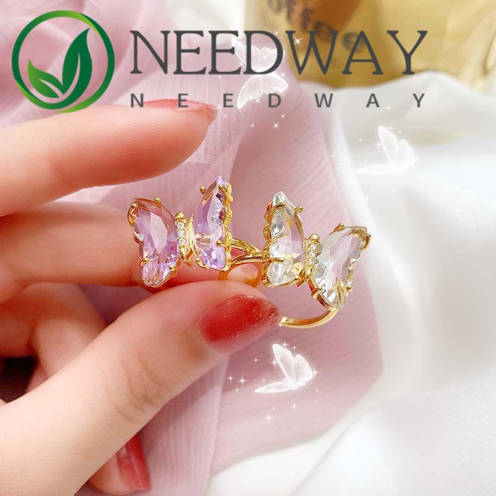 Needway  Temperament Butterfly Open Ring Girls Fashion Jewelry Finger Rings Women Gradient Color Korean Personality Adjustable Crystal/Multicolor