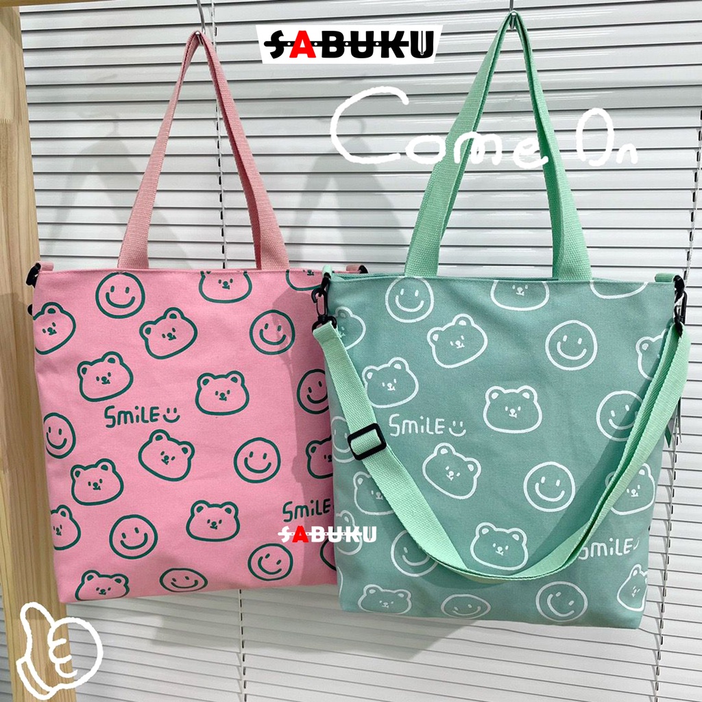 Tas Totebag SMILE Tas Selempang Sekolah Totebag Fashion Wanita Bahan Kanvas Premium -252