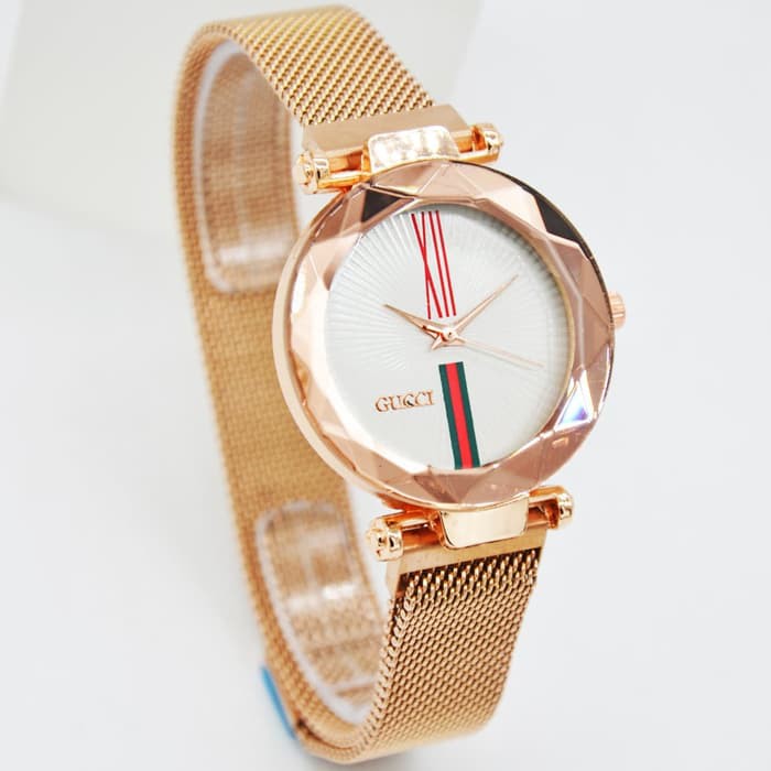 Promo Jam Tangan Wanita Cewek Gucci Magnet plat White Pasir Rosegold Termurah