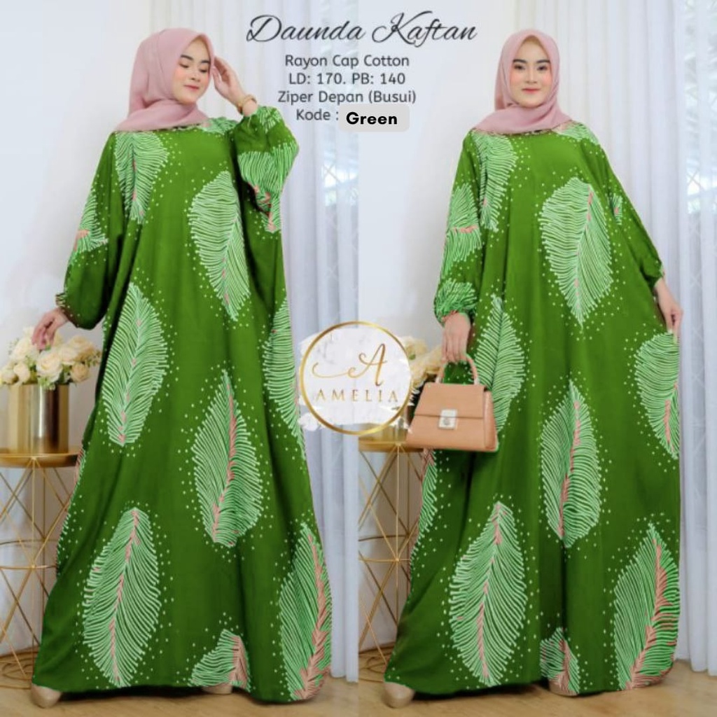 Kaftan Wanita - Daunda Kaftan Size Jumbo XXXXL Motif Daun Lengan Panjang Busui Resleting by Batik AW / Gamis Rayon Jumbo Kaftan Terbaru