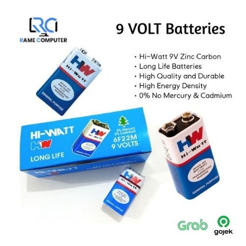 Baterai Kotak 9v HW Batere Hi Watt 1604E 6F22 Batre Battery Arduino