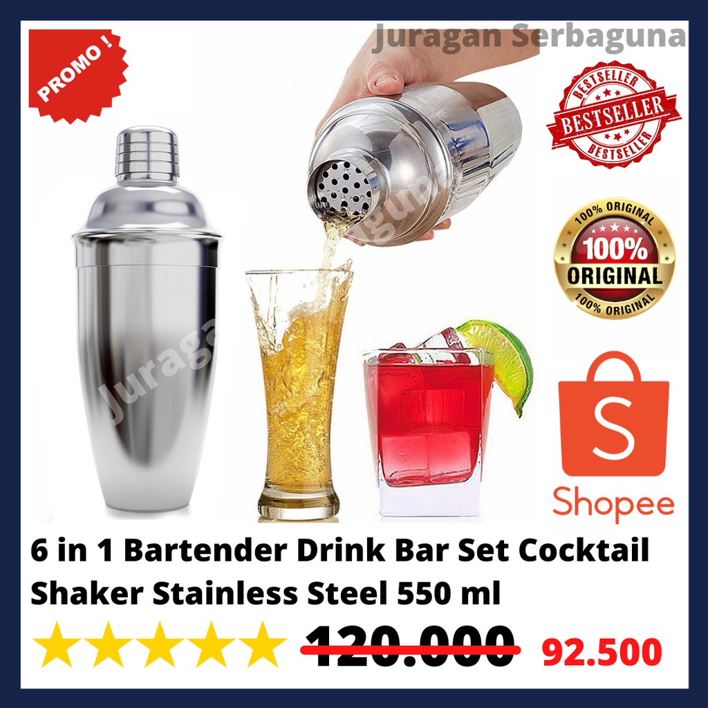 6 in 1 Bartender Drink Bar Set Cocktail Shaker Stainless Steel 550 ml