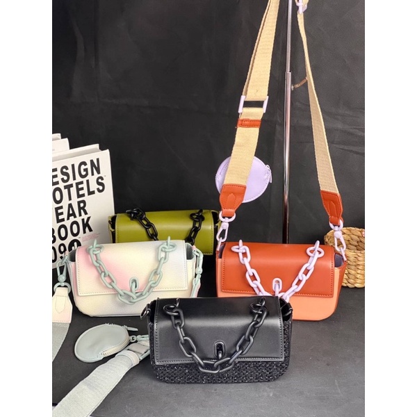 Tas Selempang Kulit Tali Rantai Wanita CK Leather Tweed Chain Strap Slingbag Premium Import Hitam Bl