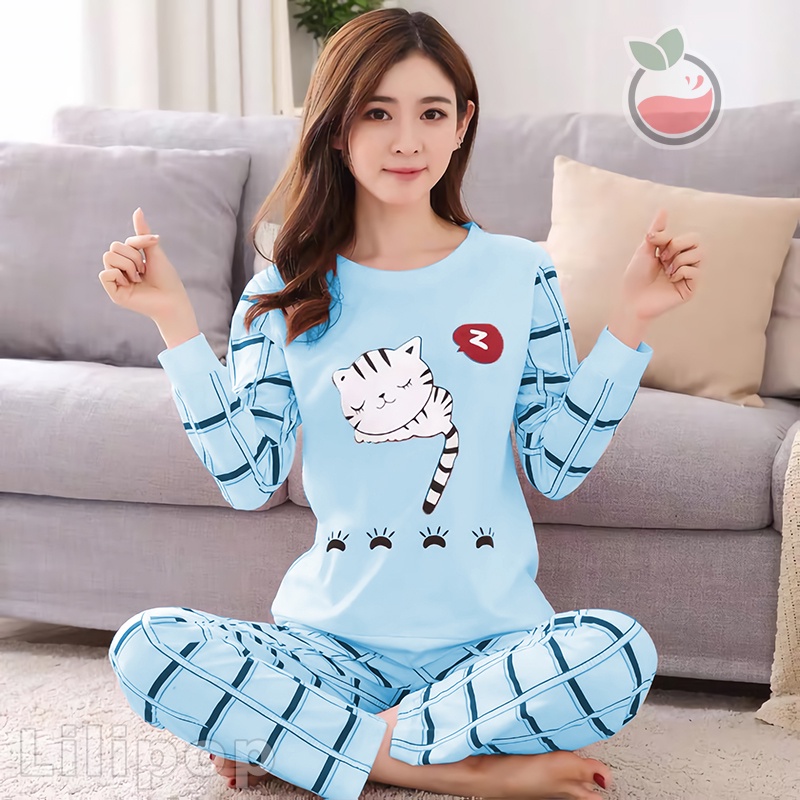 Baju Tidur Wanita PP Lengan Panjang Celana Panjang Baby Doll Bahan Kaos Allsize Murah