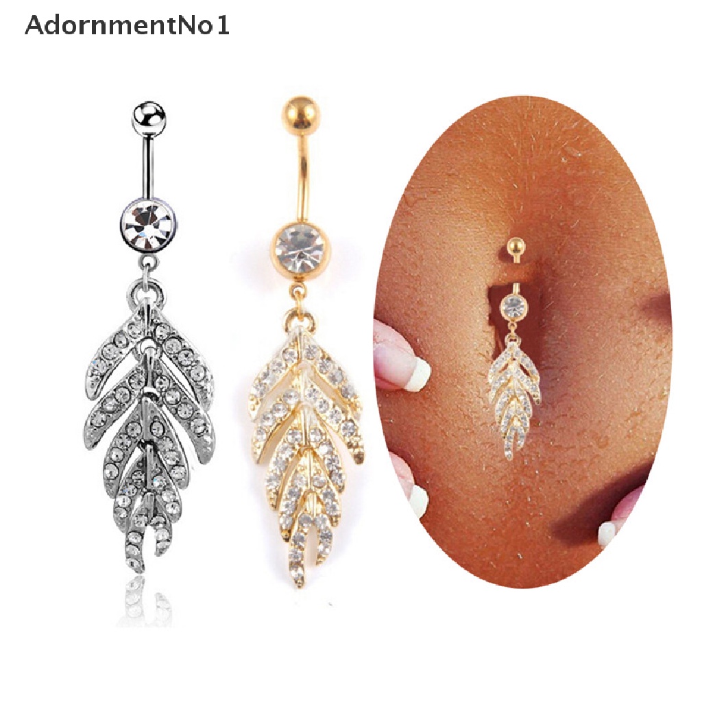 (AdornmentNo1) Anting Tindik Perut / Pusar Bentuk Daun Aksen Kristal + Berlian Imitasi Untuk Wanita