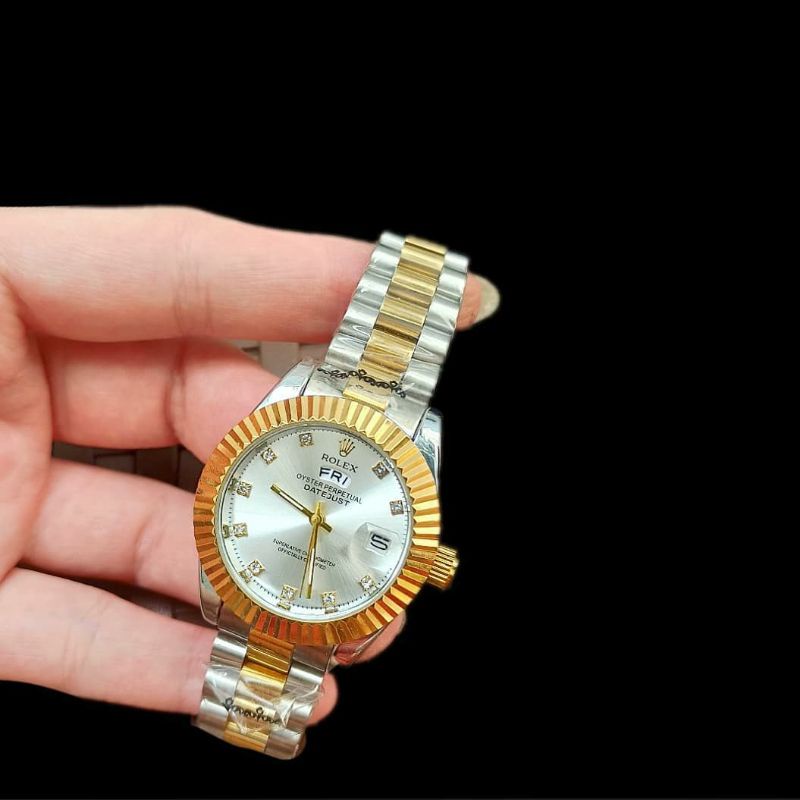 Jam Rolex Pria &amp; Wanita  (rantai stainless steel &amp; pengait chrome mas 18karat