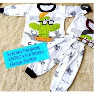 Enrica Setelan Baju Bayi Lengan &amp; Celana Panjang Bahan Kaos Adem Ukuran 0 S M L