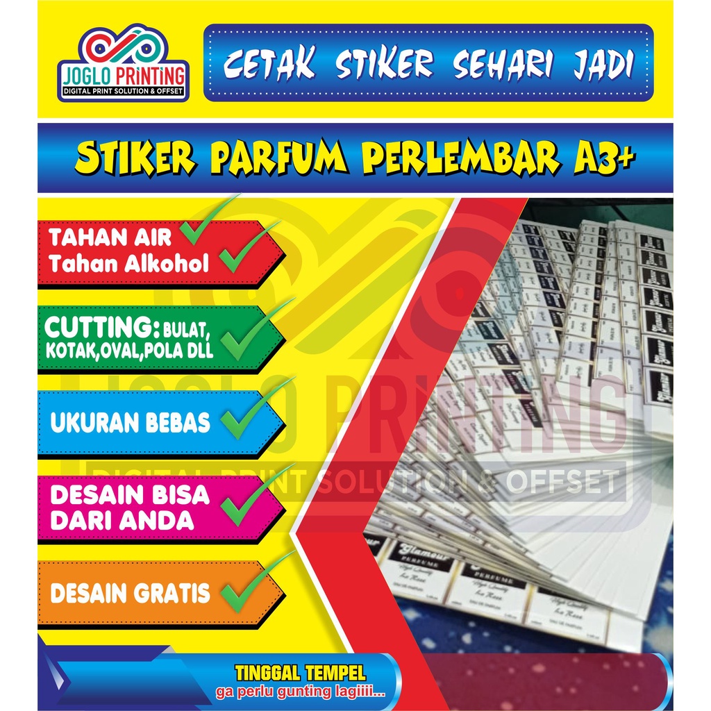 

STIKER LABEL PARFUME BAHAN VINYL A3+ ANTI AIR + LAMINASI GLOSSY / DOFF