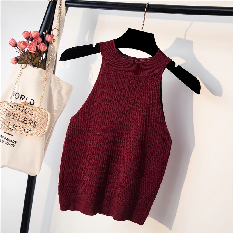 Korean Halter Tank Top Atasan Wanita Rajut C205-Maroon