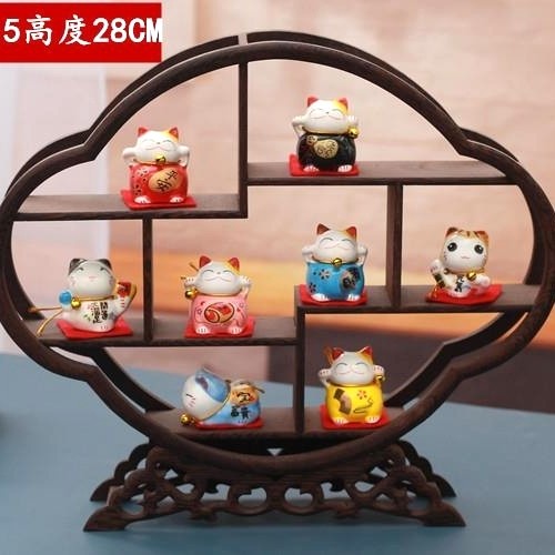 Set Rak Pajangan Kayu + 8 Kucing Maneki Neko Dekorasi Patung Hoki