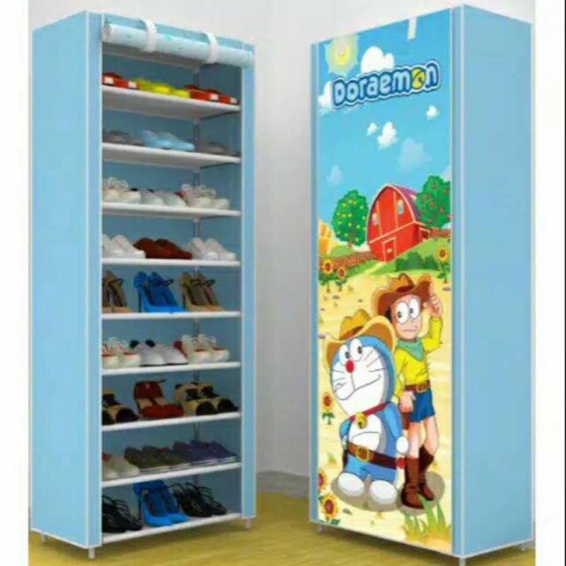 RAK SEPATU SUSUN 9 RUANG MOTIF DORAEMON &amp; HELLOKITTY / RAK SEPATU PORTABLE