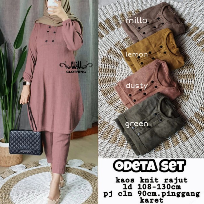 Odeta set setelan celana wanita muslim long tunik kaos rajut