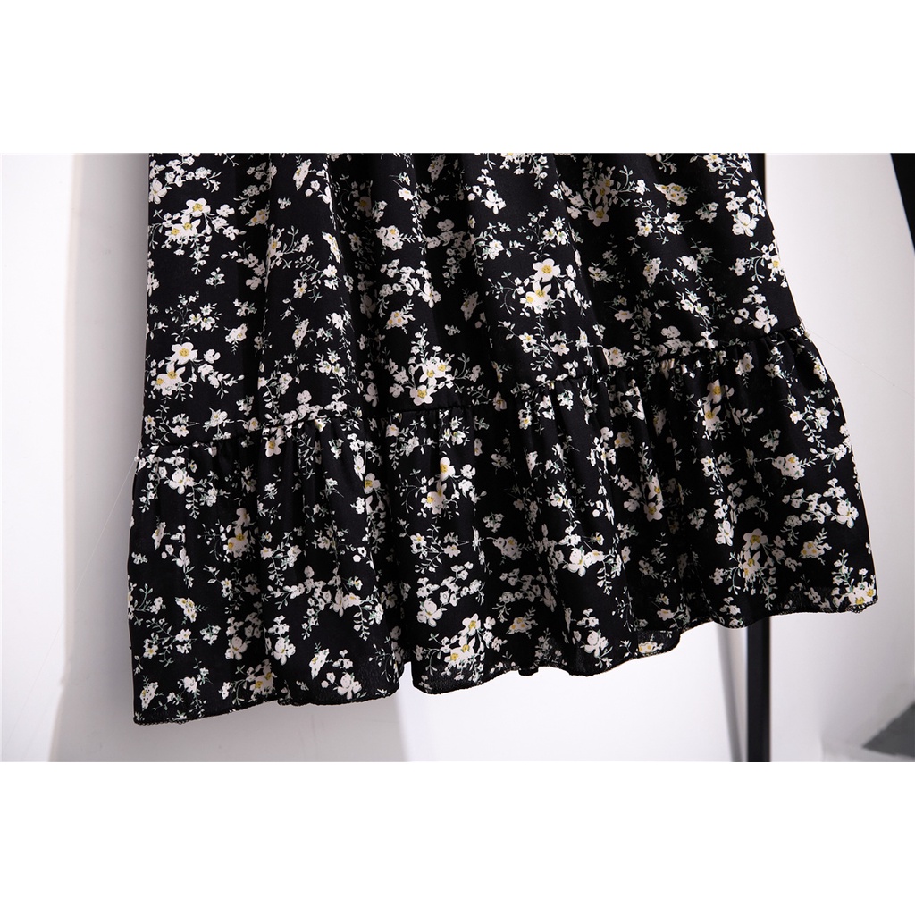 COD New 2022 Hitam Floral Midi Dress Korea Style Pantai Baju Dress Wanita Baju Pesta Gaun 2023 Dada Lipit Musim Panas
