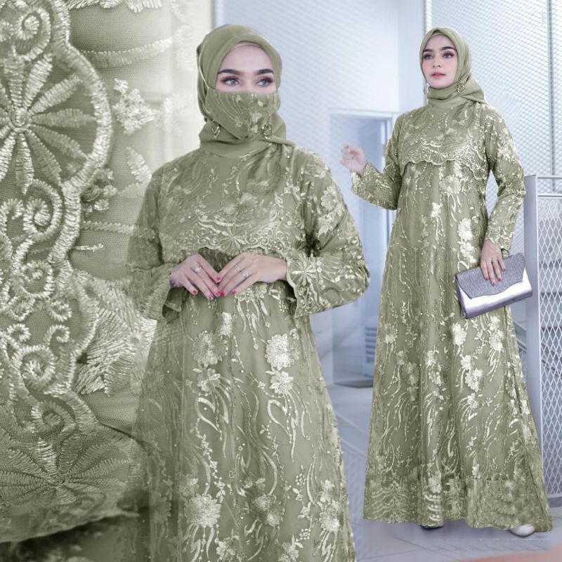 (NEW) SONATA - Baju Gamis Full Brukat Brokat Remaja Wanita Perempuan Ibu Muslim FREE PLUS Masker Uku
