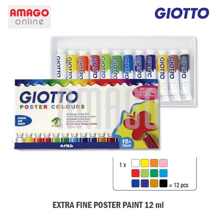 GIOTTO EXTRA FINE POSTER PAINT - CARDBOARD - 12 COLORS - 358000