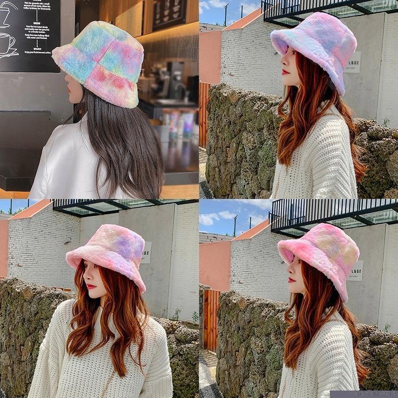 Topi Bucket Bahan Plush Wol Domba Tebal Hangat Warna-Warni Pelangi Gaya Korea Untuk Wanita