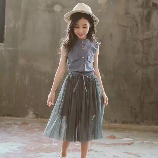 Set Setelan Anak Dress + Rok Plisket Import Elegan Sleeveles + Bowknot