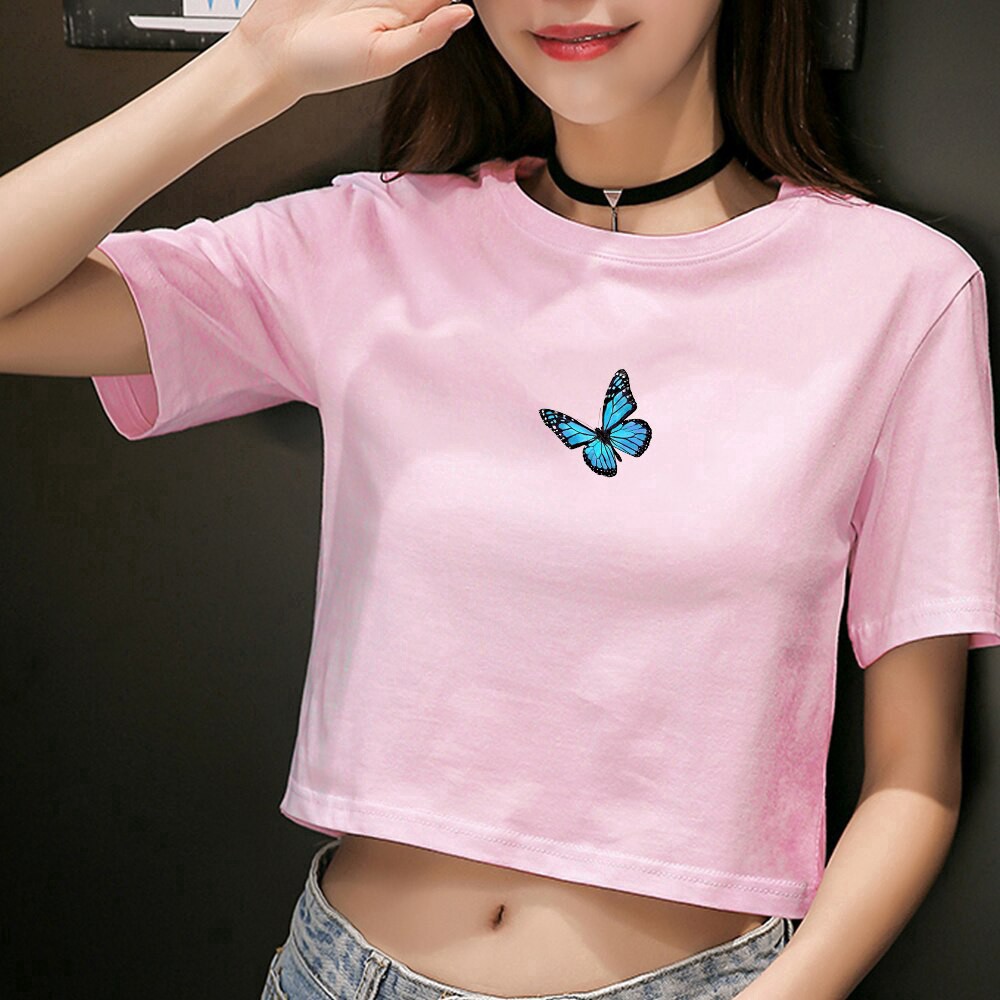 VS - Crop Top Retro Motif Kupu-Kupu Untuk Wanita  Atasan Wanita Butterfly Blue Crop Top