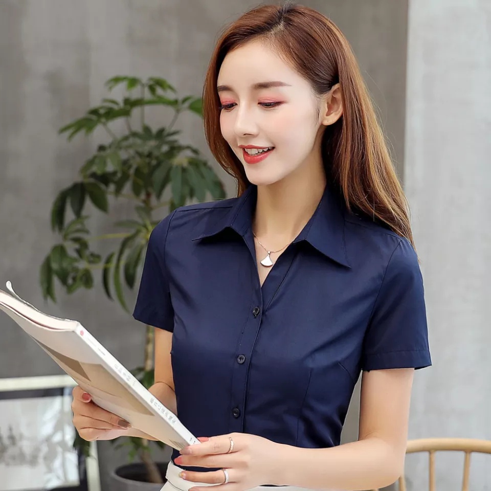 kemeja pendek wanita biru navy / biru dongker