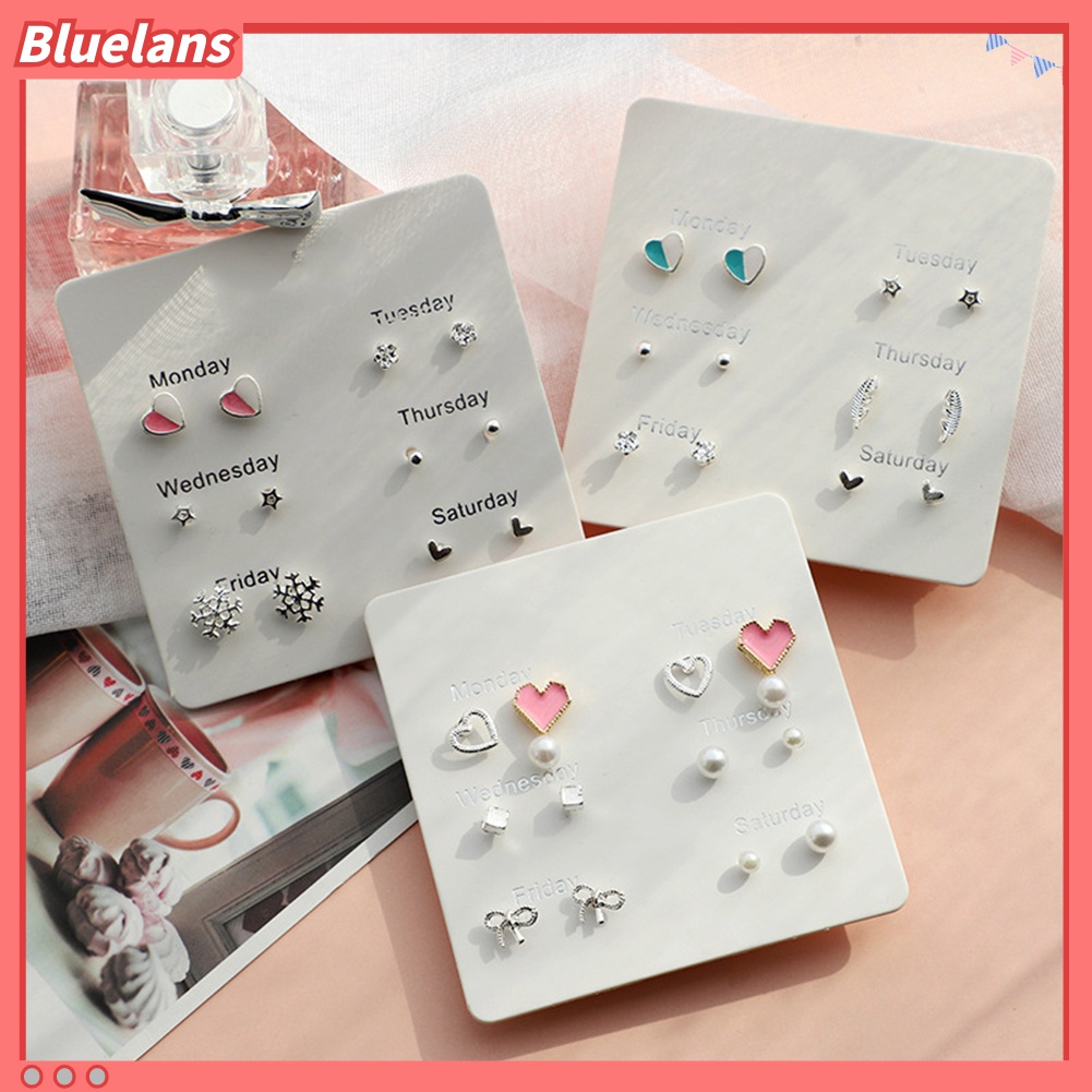 Set 6 Pasang Anting Stud Bentuk Hati Bulu Snowflake Lingkaran Untuk Wanita