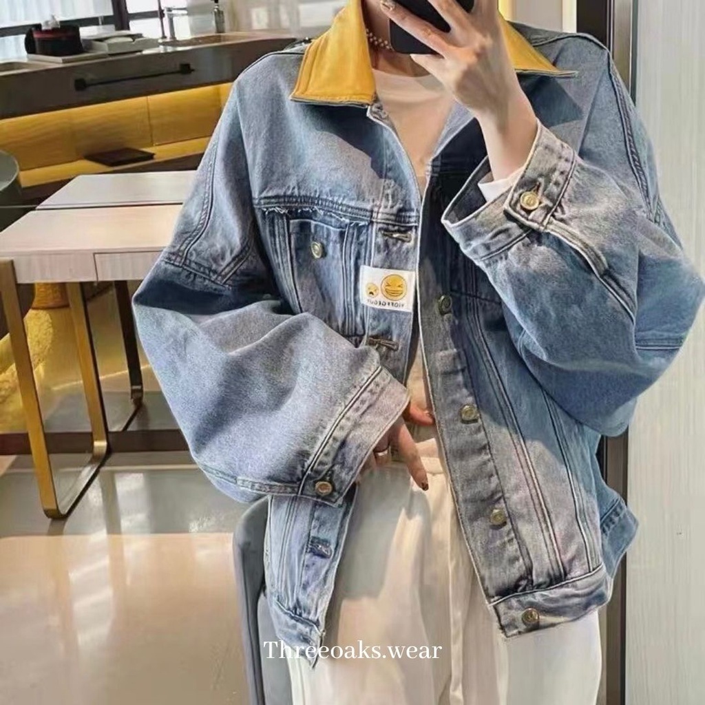 HAPPY JAKET JEAN OVERSIZE PREMIUM IMPOR DENGAN TANGAN BESAR DAN KERAH KUNING