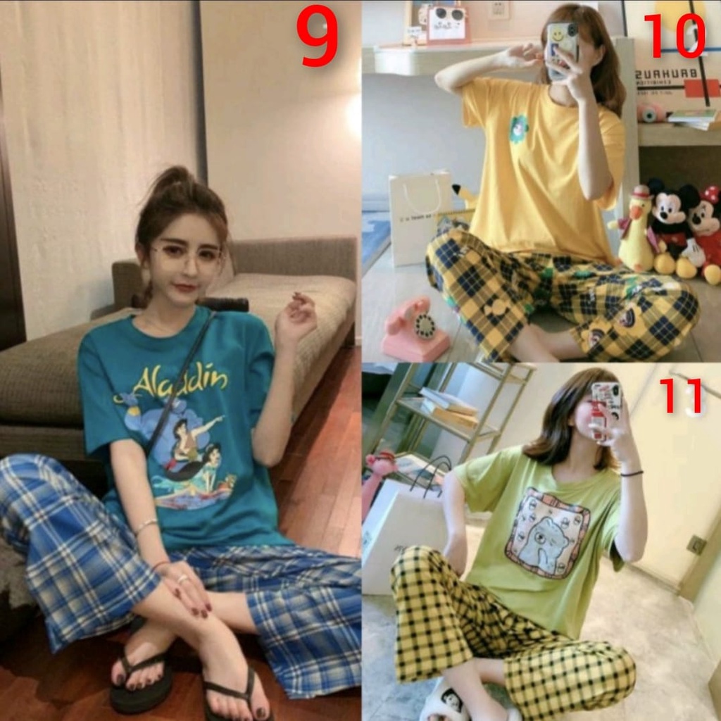 BAJU TIDUR PIYAMA PEREMPUAN CP SPANDEX OVERSIZED IMPORT BERKUALITAS MOTIF KAOS LENGAN PENDEK SETELAN CELANA PANJANG WARNA CERAH ALLSZE FIT TO 85KG