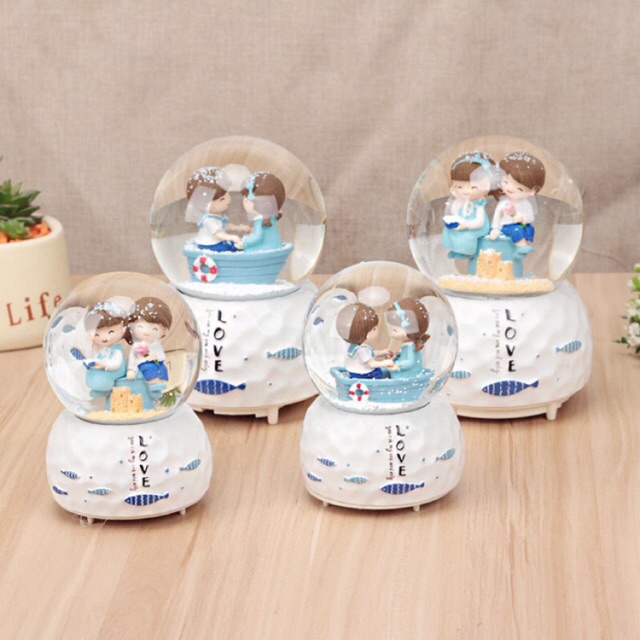 NY Store Snowball Putar Jumbo Love Couple Blue Boat / Sitting Crystal Ball Bola Kristal Snow Ball