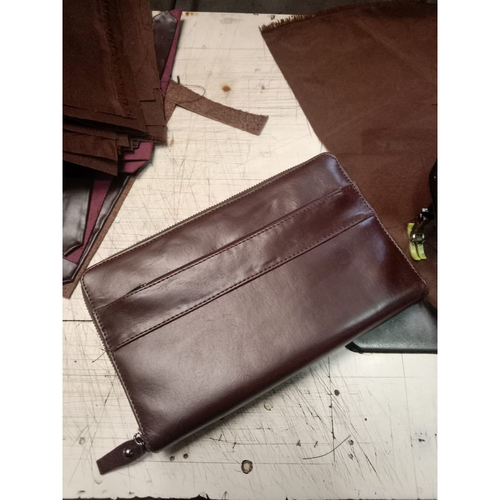 Hand Bag / Clutch / Pria Kulit Asli Garut Coklat / *Free Grafir Nama dan Logo*