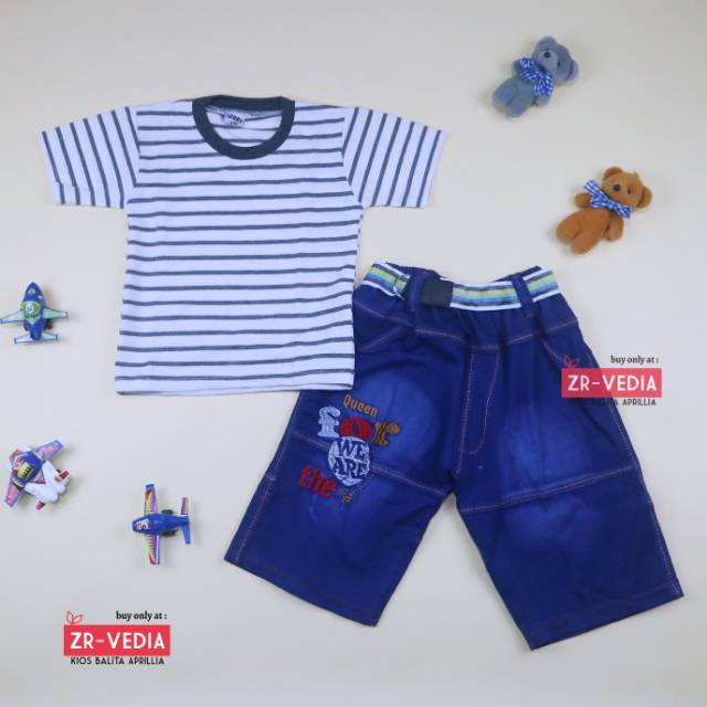 Setelan Salur Jeans uk 3-5 Tahun / Kaos Anak Laki Jeans Pendek Baju Lengan Setelan Murah Oblong