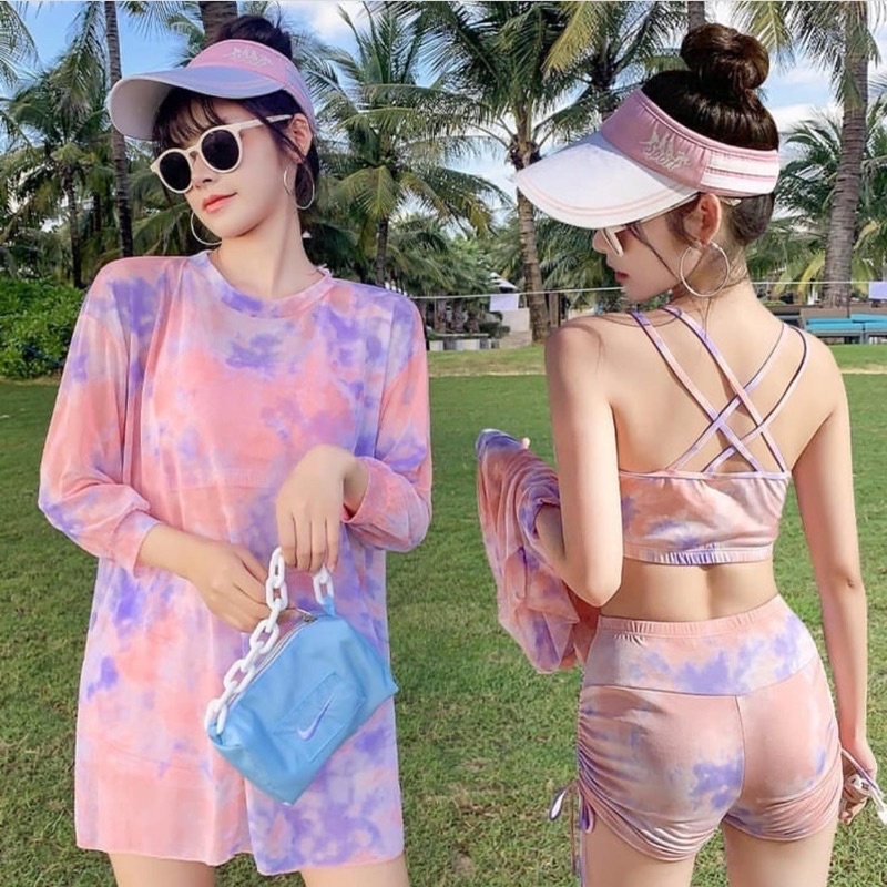 sport bra dan boxer set dengan luaran motif tie dye ungu atau hijau CODE TG-991