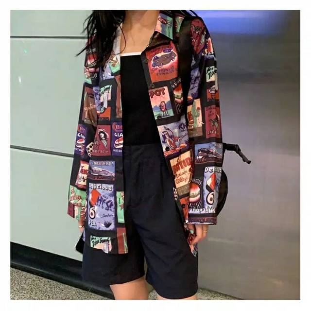 Kemeja Printed Lengan Panjang Model Retro Korea