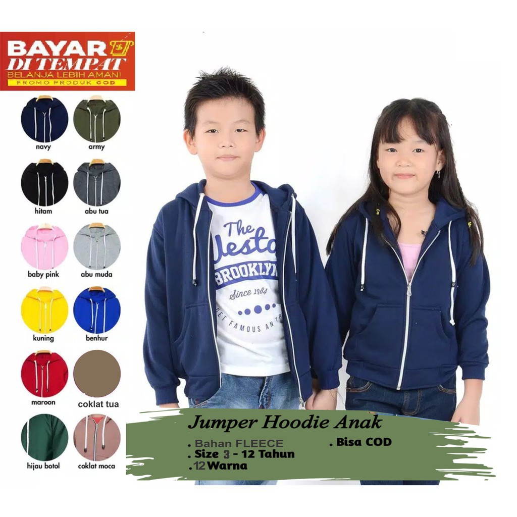 Jaket Zipper Anak Cewek Cowok Size S-2XL Usia 3-12 Tahun