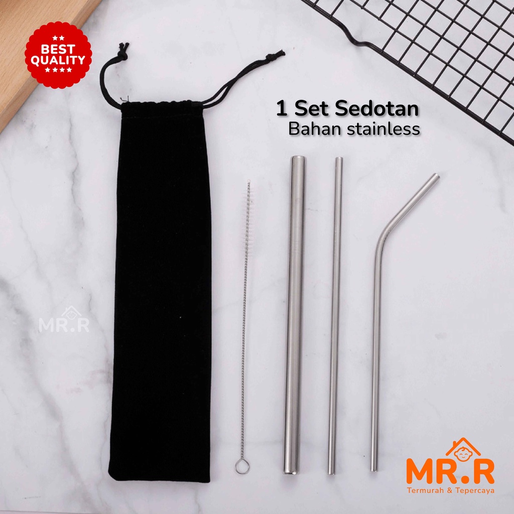 Sedotan Stainless Set 5 in 1 Sedotan Stenlis Steel Food Grade Reusable Straw Set Silver With Pouch