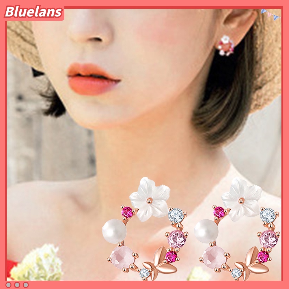 Bluelans Women Flower Circle Heart Waterdrop Faux Pearl Rhinestone Inlaid Stud Earrings