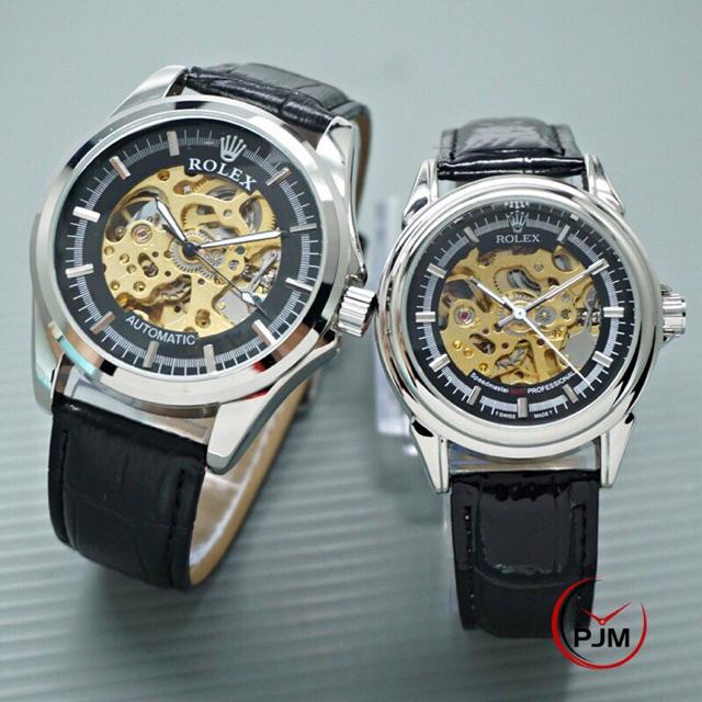 Best Seller  Jam Tangan Pasangan / Couple Rolex Tali Kulit Automatic Transparan Skeleton Balok