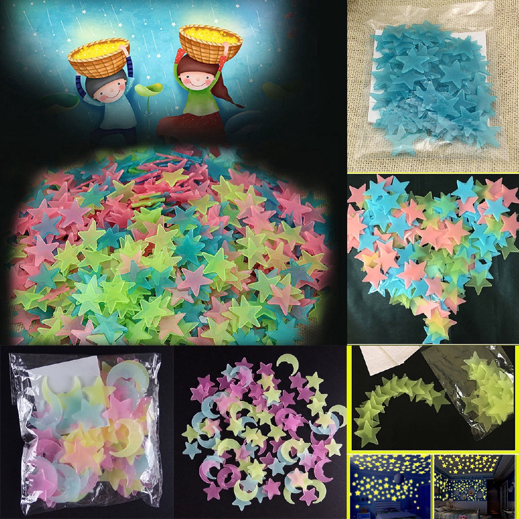 100 Pcs Stiker Dinding 3D Bentuk Bulan Bintang Glow In The Dark Bahan PVC Untuk Dekorasi Natal