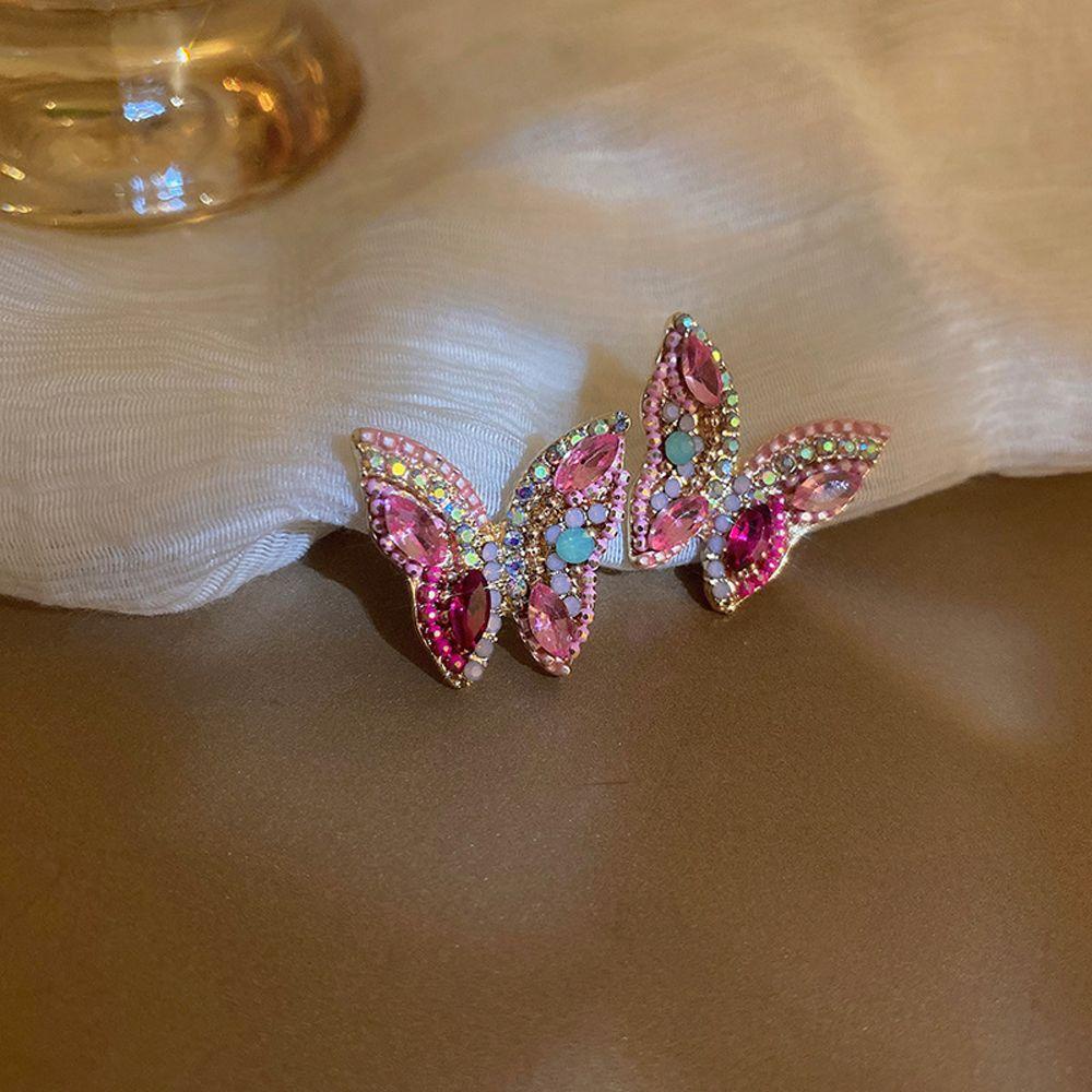 Needway Anting Perempuan Perancis Mewah Merah Muda Kecil Warna-Warni Berlian Imitasi Fashion Perhiasan