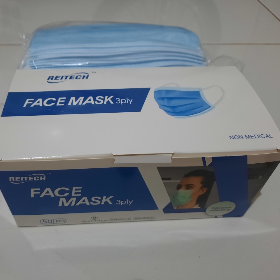 (COD) Masker Medical Reitech 3Ply Isi 50 Pcs / Masker REITECH 3 Ply Biru Disposable Face Mask