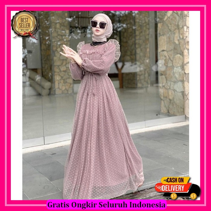 Setelan Celana Clarissa Dress Kondangan Motif Polkadot Gamis Wanita Muslimah Baju Gamis Brukat Konda
