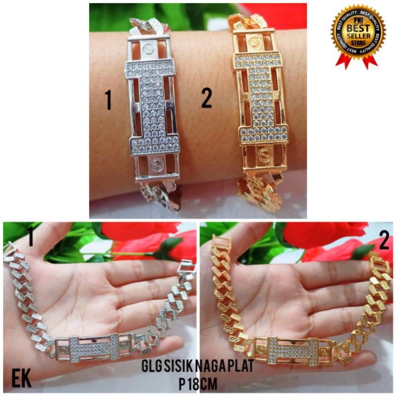 GELANG TANGAN SISIK NAGA PLAT FULL PERMATA GOLD DAN SILVER TITANIUM