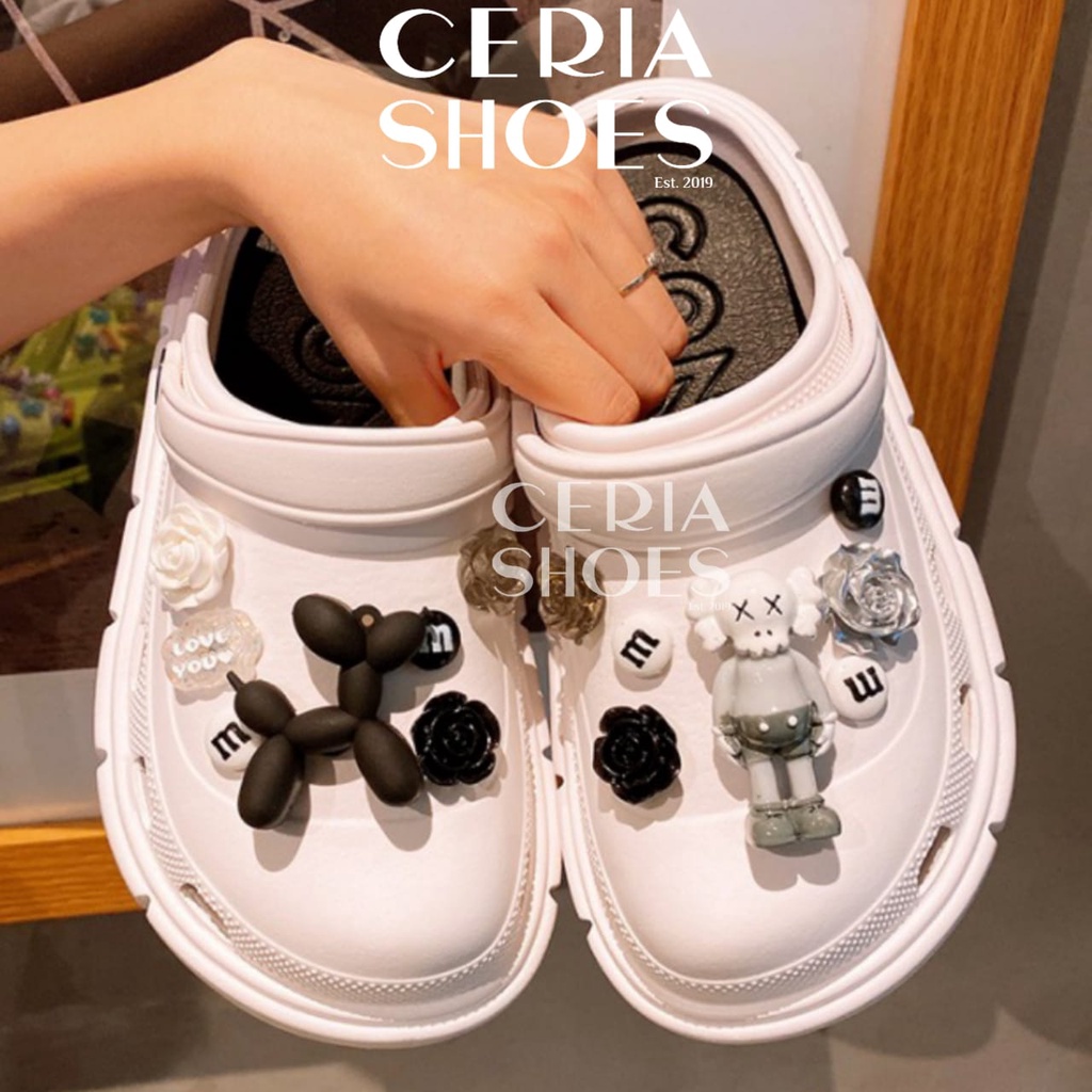 EVA Sandal Slop Wanita Korean Import Spons Rubber Tebal Tinggi Karet Ringan Super Empuk Anti Slip Wedges Slides include Jibbitz Summer Sandals