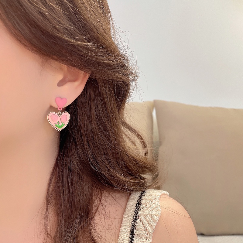 Anting Stud S925 Silver Needle Bentuk Tulip Warna Pink Aksen Mutiara Gaya Korea Untuk Wanita