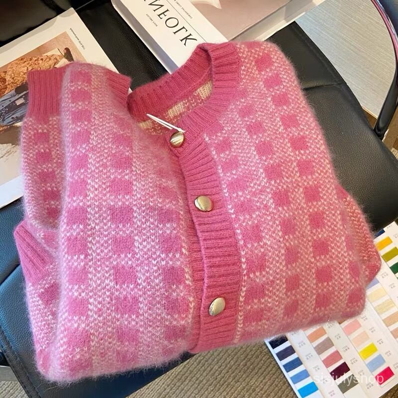 Retro Korea Kardigan Rajutan Kotak-kotak Lembut Wanita Musim Gugur dan Musim Dingin Baru Temperamen