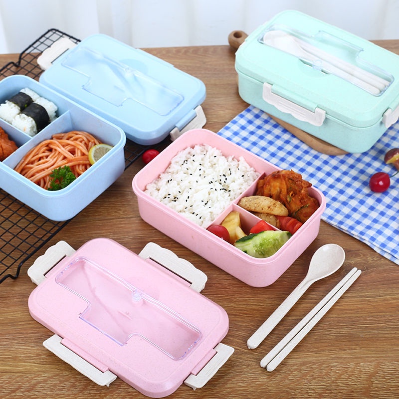 Lunch Box Kotak Bekal Makan Siang Bahan Jerami Pegangan melengkung + Sendok Dan Sumpit