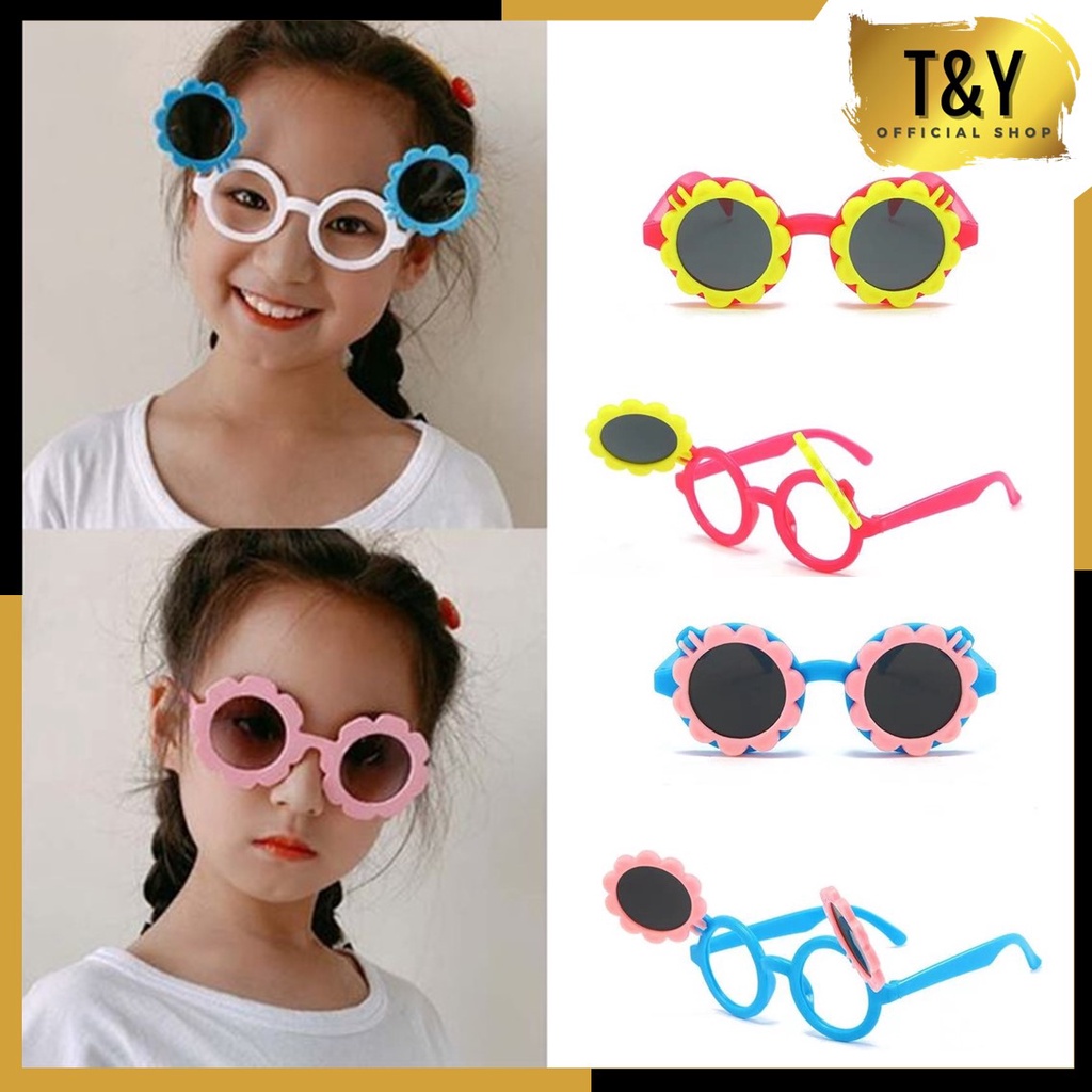 T&amp;Y Kacamata Anak Fashion Kacamata Anak Motif Bunga Matahari Kacamata Hitam High Quality Kids Sunglasses Kaca Mata Murah Import