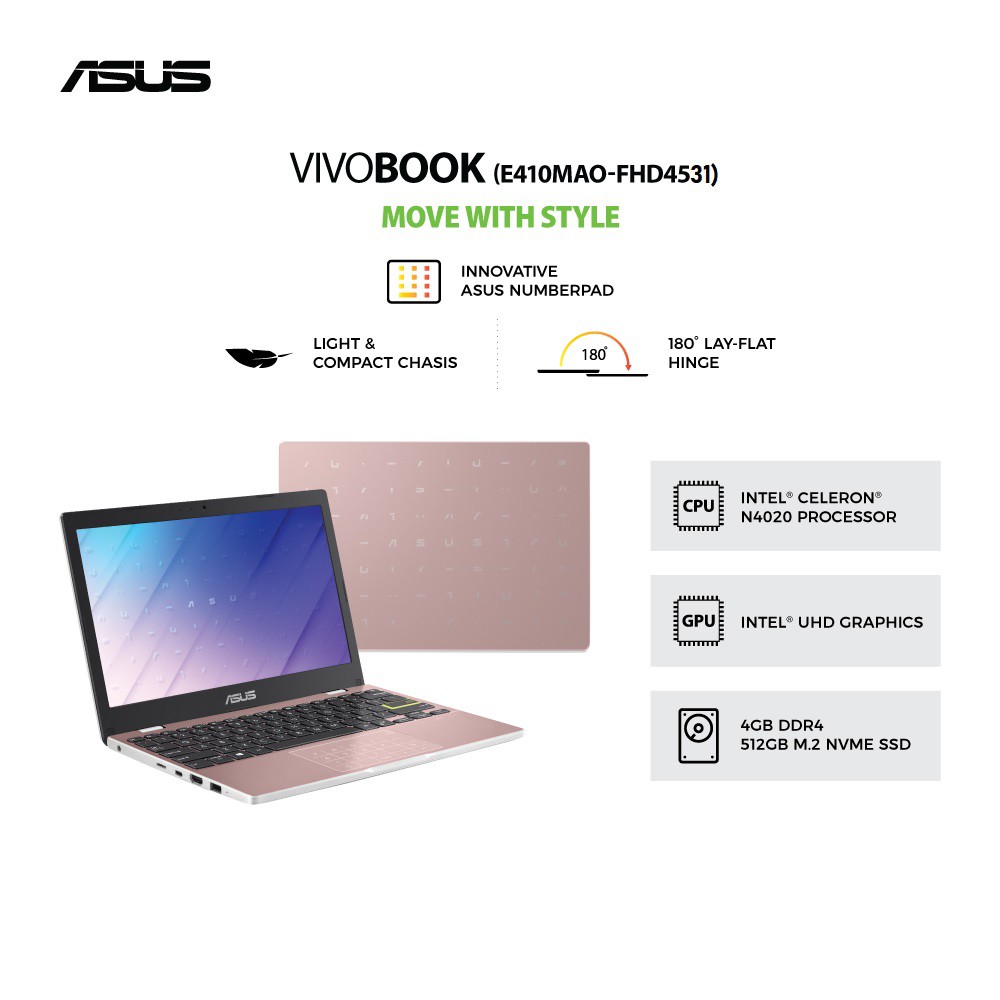 ASUS E410MAO-FHD4531 14",N4020/UMA/4G/512G PCIE/FHD/ROSE PINK/BLK/NP/OP