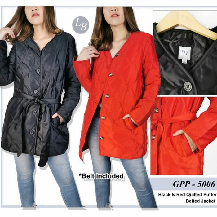 long jaket red & black puffer belted gap