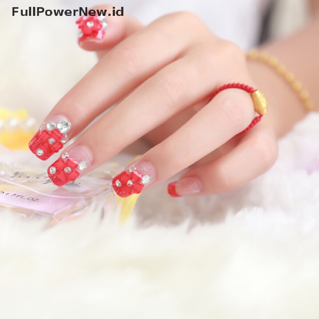 [KUKU PALSU] 24 Pcs/Set Red French Bride 3D Fake Nails Wrapped Tips Artificial False Nail .