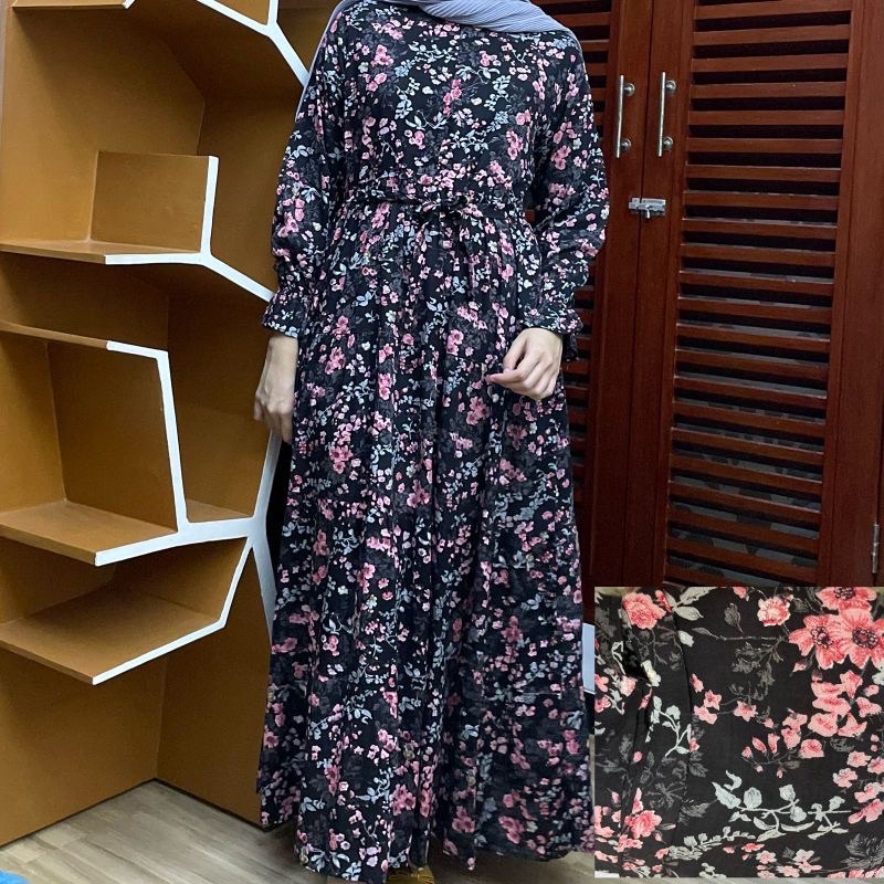 [SIZE STANDAR VOL 1] Floral dress maxi dress panjang gaun casual bunga wanita-Black pink 3 ruffle