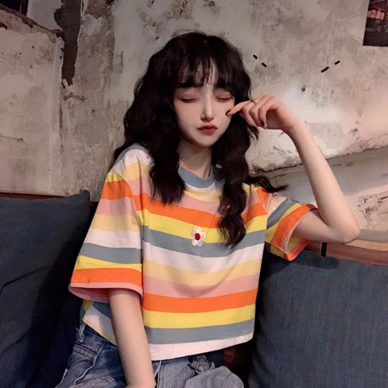 MDLV ~ 19430# Rainflow Tee Korea Crop Top Tee Crop Top Rainbow Daisy Crop Top Cewek Kaos Import Kaos Premium Fashion Premium Fashion Import